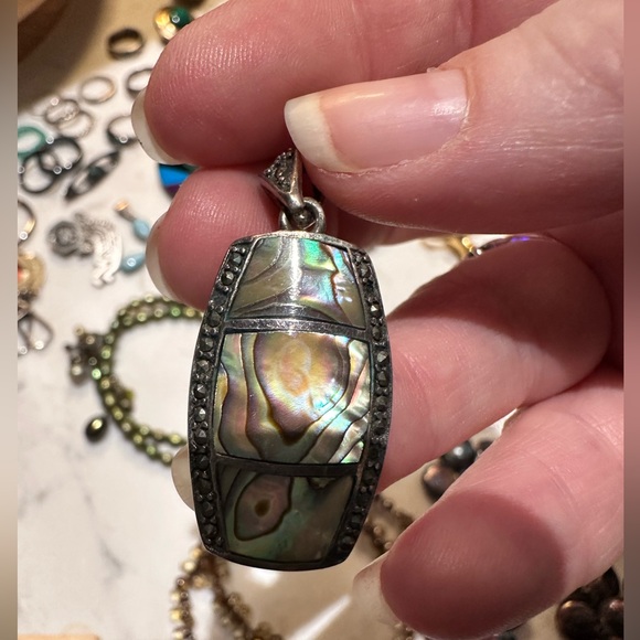 Vintage Sterling Silver Abalone Sectioned Pendant Necklace with Marcasite - Picture 3 of 8